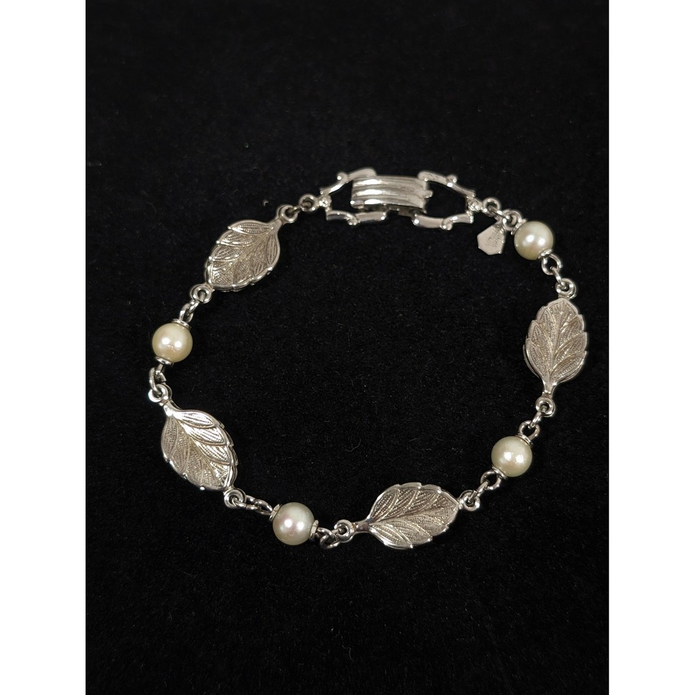Vintage AMCO Sterling Silver Faux Pearl Leaf Link Bracelet 7" Signed